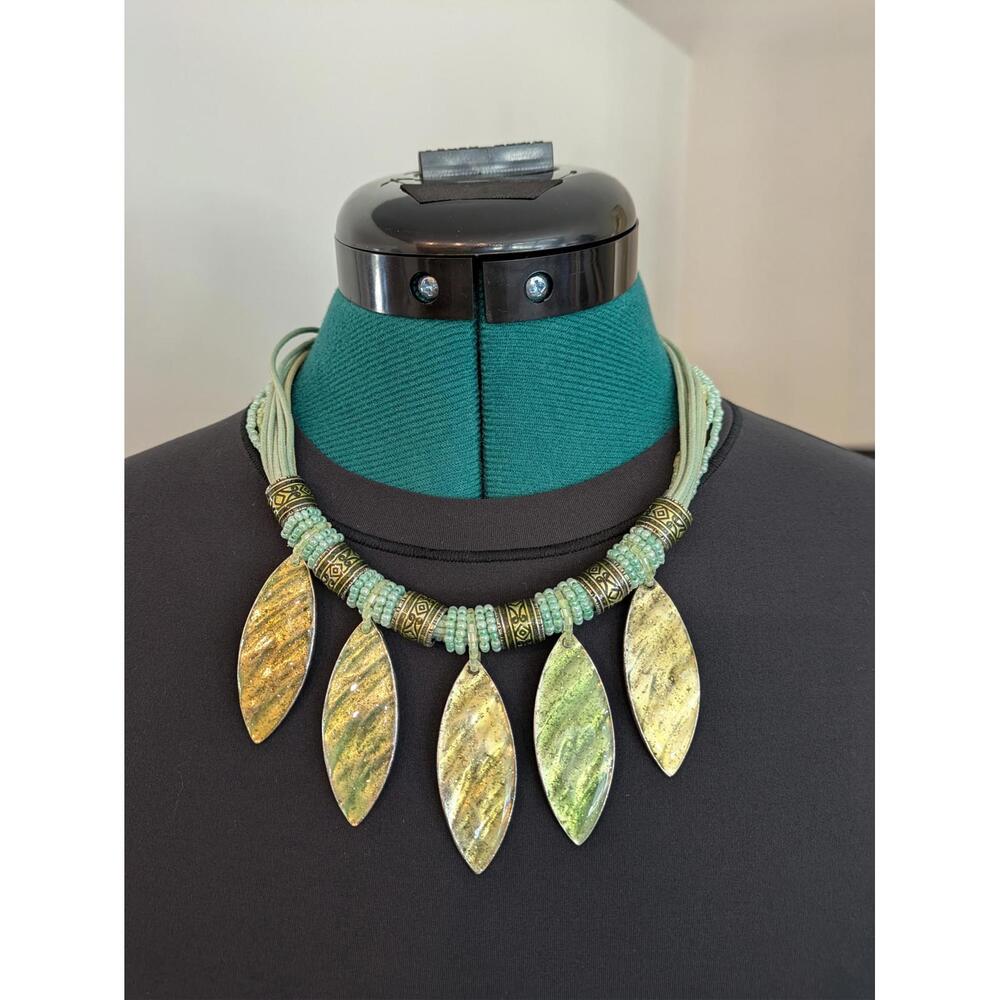 Bohemian Leaf Pendant Necklace, Green & Yellow Beads, Adjustable